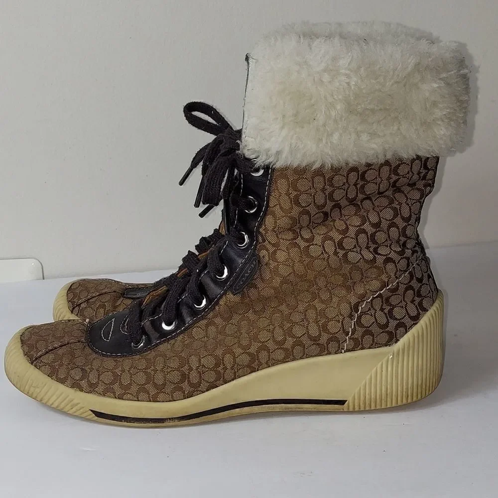 Coach Nancy Signature Fur Trim Boots Sz 6.5